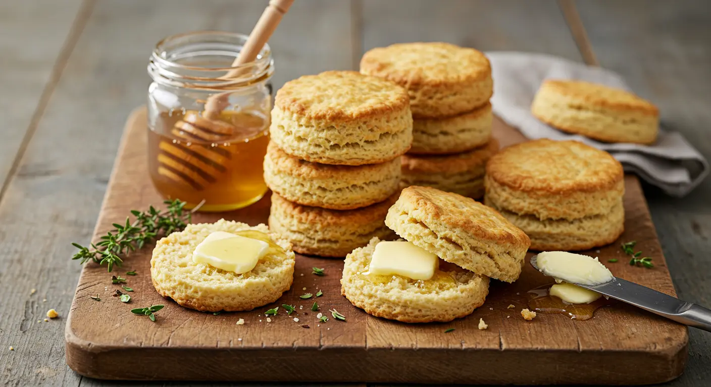Stack of golden-brown gluten-free biscuits on wooden board with honey drizzle and butter