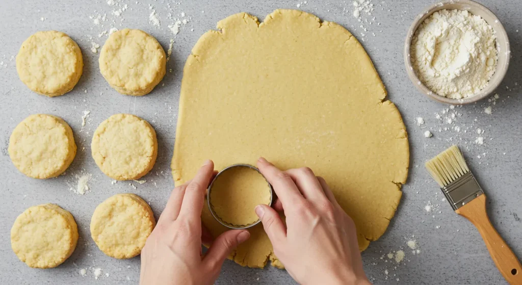 Hands cutting gluten-free biscuit dough with round cutter on floured surface