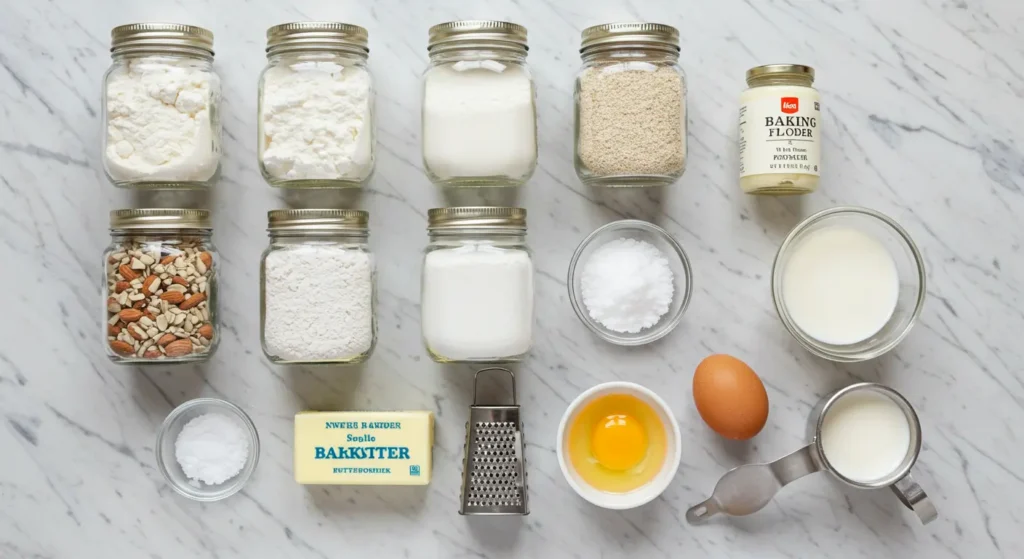 Flatlay of gluten-free biscuit ingredients including various flours, butter, and buttermilk