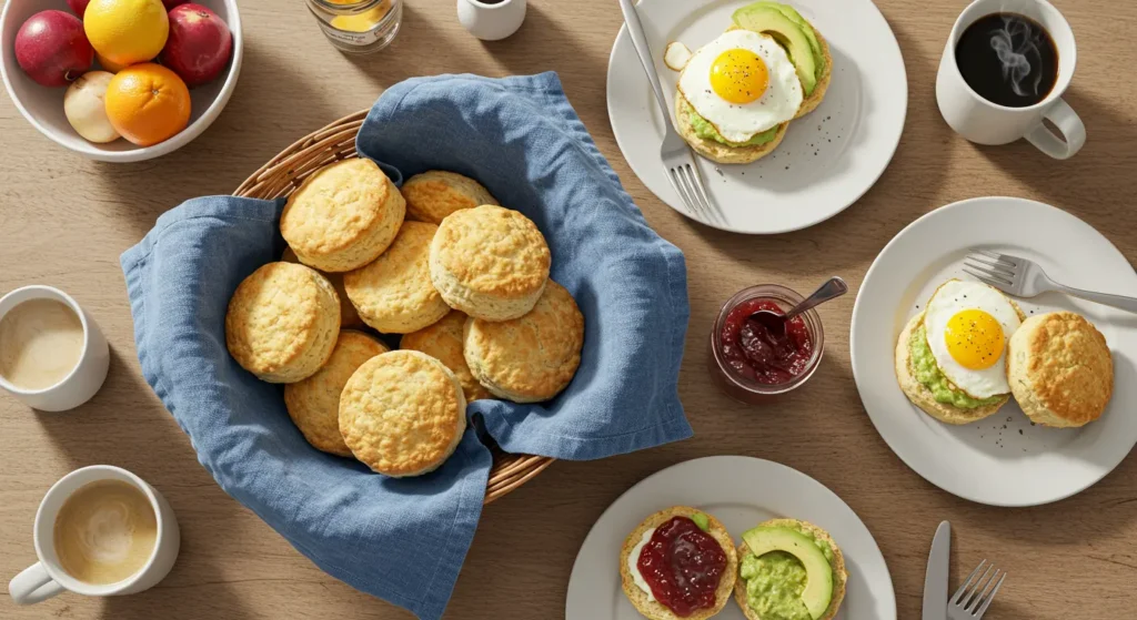 Breakfast table spread with basket of gluten-free biscuits and various toppings
