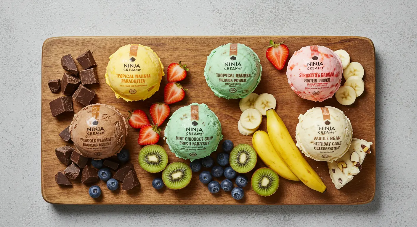 Hero image showing all 6 colorful vegan healthy Ninja Creami recipes treats arranged on a rustic wooden board with fresh fruits as garnish