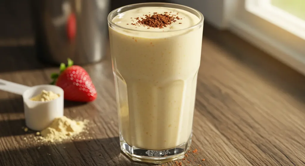 Creamy vanilla protein smoothies recipes in a tall glass with banana slices and almond butter drizzle
