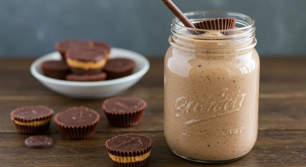 Rich chocolate peanut butter protein smoothie topped with cacao nibs and peanut butter swirl