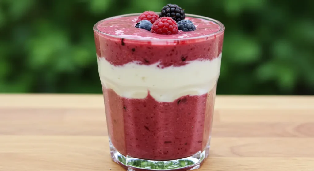 Purple berry protein smoothie in a clear glass with cream cheese swirl and fresh berries on top