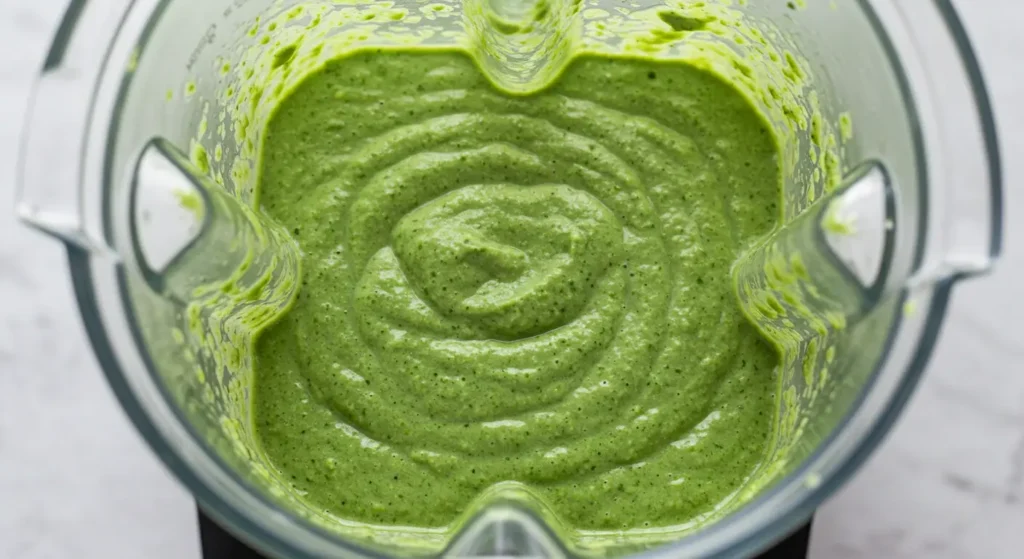 Vibrant green protein smoothie with avocado, spinach and a sprinkle of spirulina powder