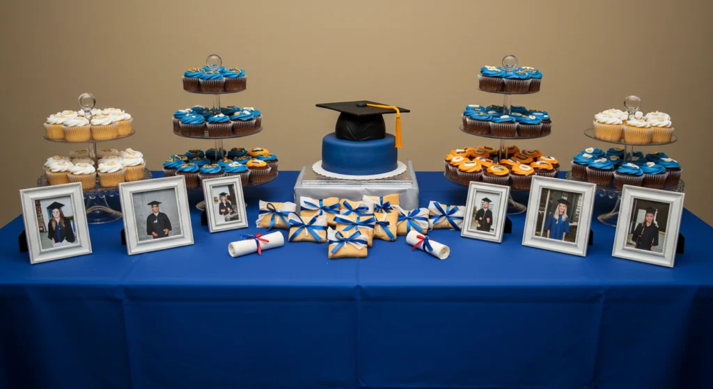 Elegant grad party desserts display featuring a graduation cap cake, diploma cookies, and cupcakes in school colors on a blue tablecloth with tiered stands
