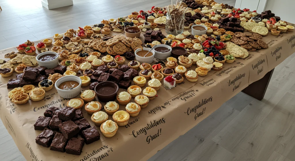 Abundant grad party desserts grazing table with various sweets arranged seamlessly on kraft paper with congratulatory messages.