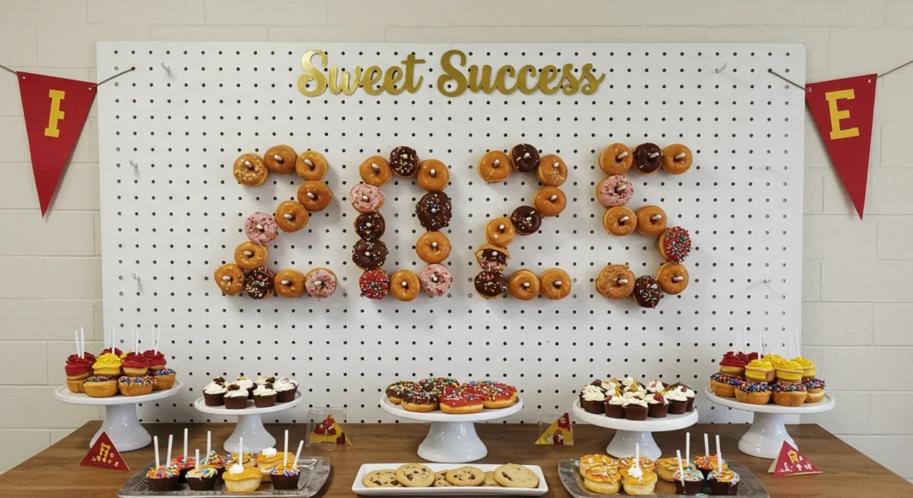 Vertical grad party desserts wall with donuts and cookies arranged to form '2025' with complementary treats on a table below.