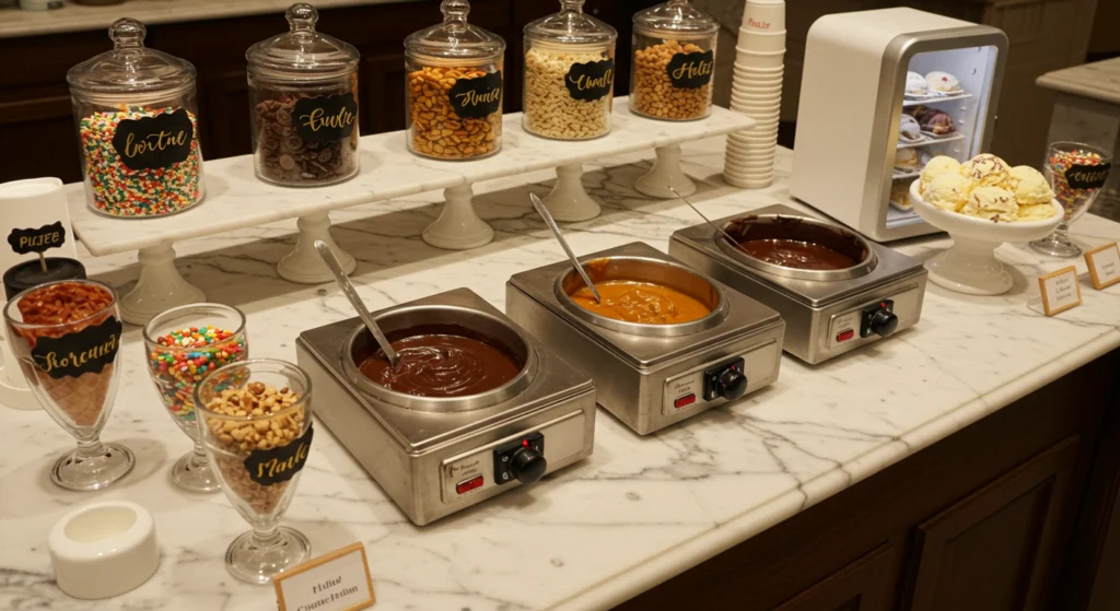 Interactive grad party desserts sundae bar with warming trays, toppings in labeled glass containers, and ice cream flavors with example sundaes.