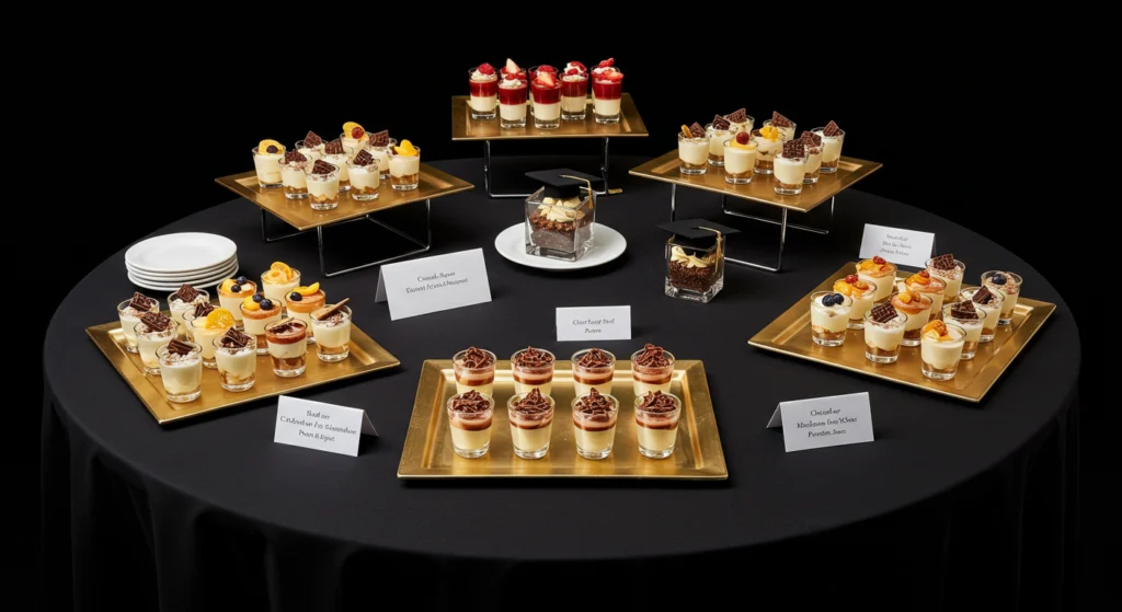Sophisticated grad party desserts flight experience with numbered tasting stations, miniature desserts in shot glasses, and rating cards.
