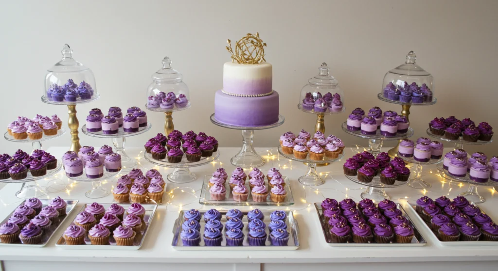 Visually stunning grad party desserts arranged in purple ombré gradient on tiered stands with gold accents and underlighting.