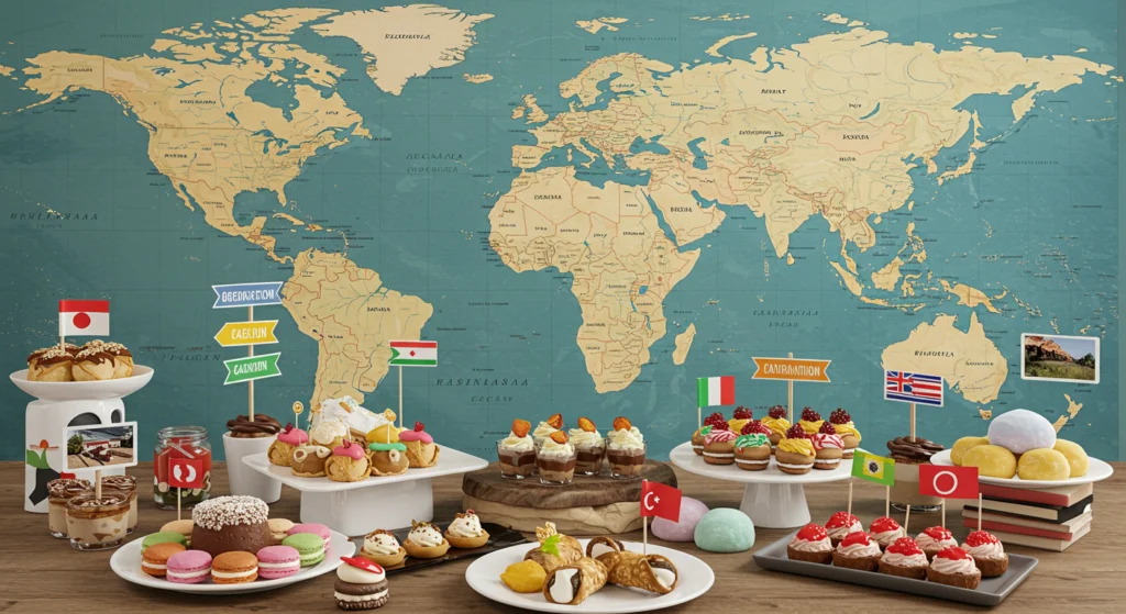 Global-inspired grad party desserts display with international treats organized by country, complete with destination signs and flags.