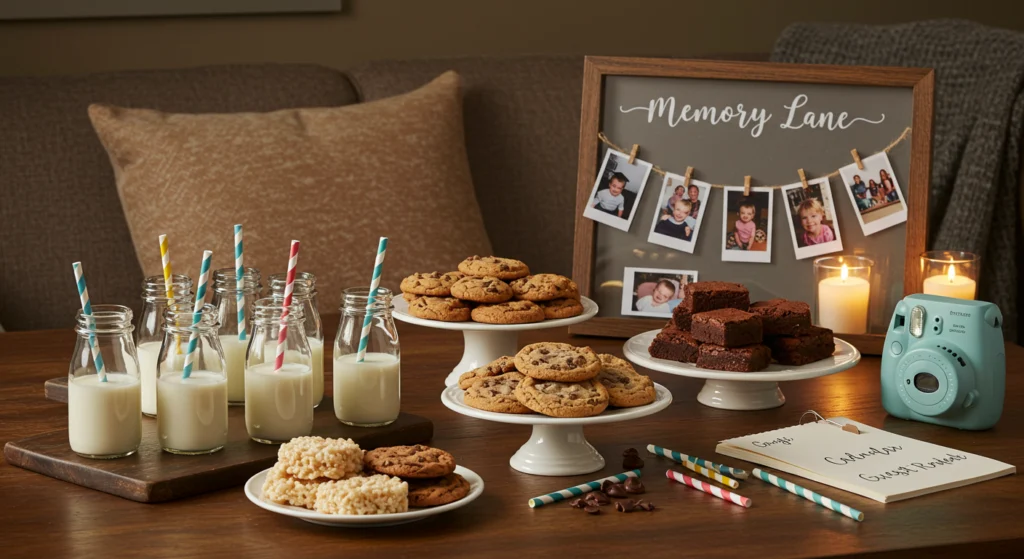 Cozy grad party desserts nostalgia bar with childhood favorites, milk bottles, and a timeline of graduate photos from baby to graduation.