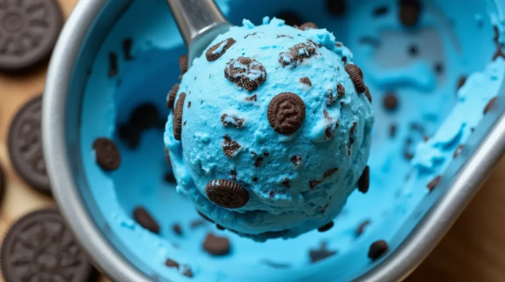 Vibrant scoop of bright blue Cookie Monster Ice Cream with cookie chunks in a metal container.