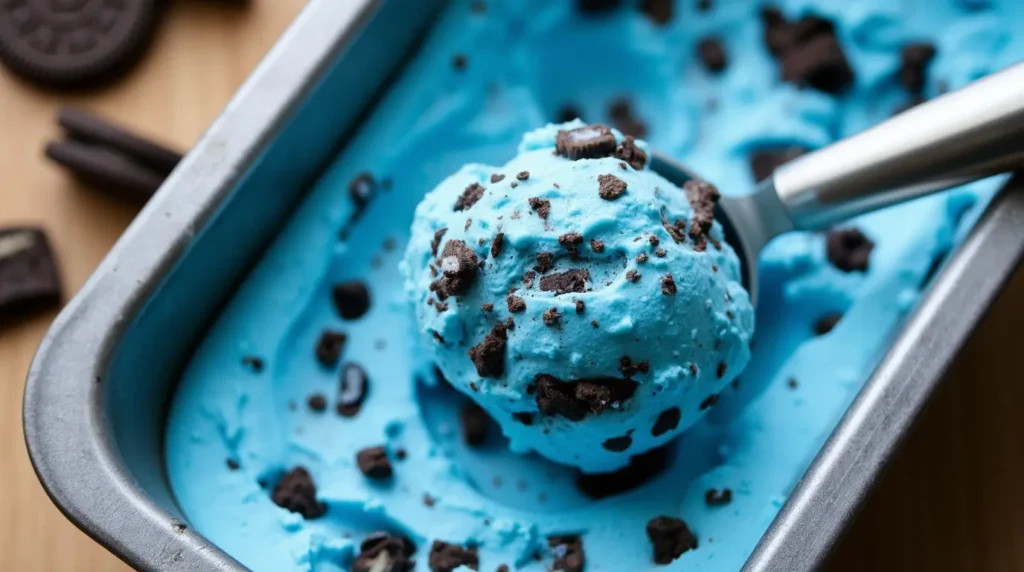 Scoop of vibrant blue Cookie Monster ice cream with cookie chunks in a metal container.