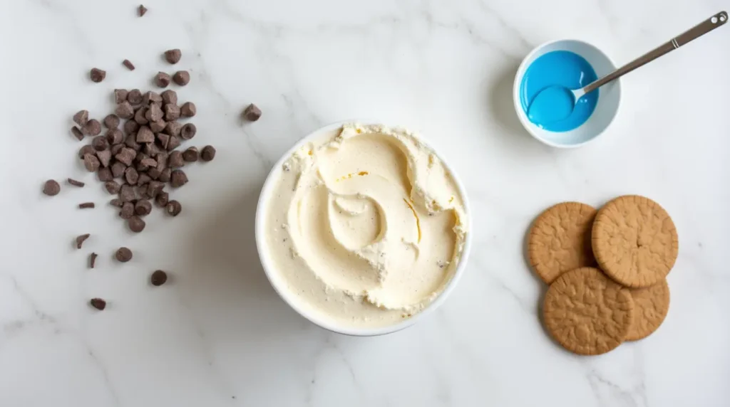 Flat-lay of Cookie Monster ice cream ingredients including vanilla ice cream, chopped chocolate chip cookies, and blue gel food coloring.