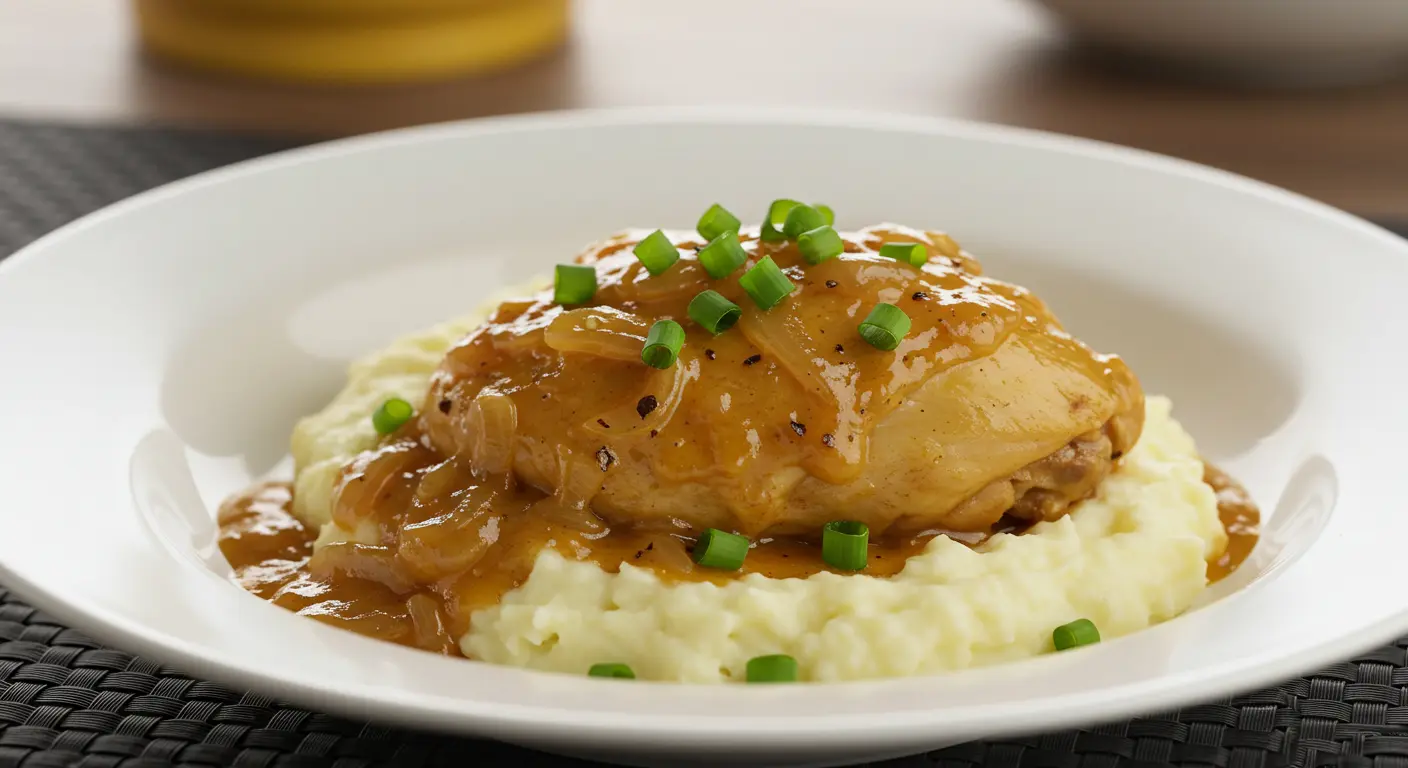 Braised golden chicken thigh served over mashed potatoes in a white bowl, topped with chopped green onions.