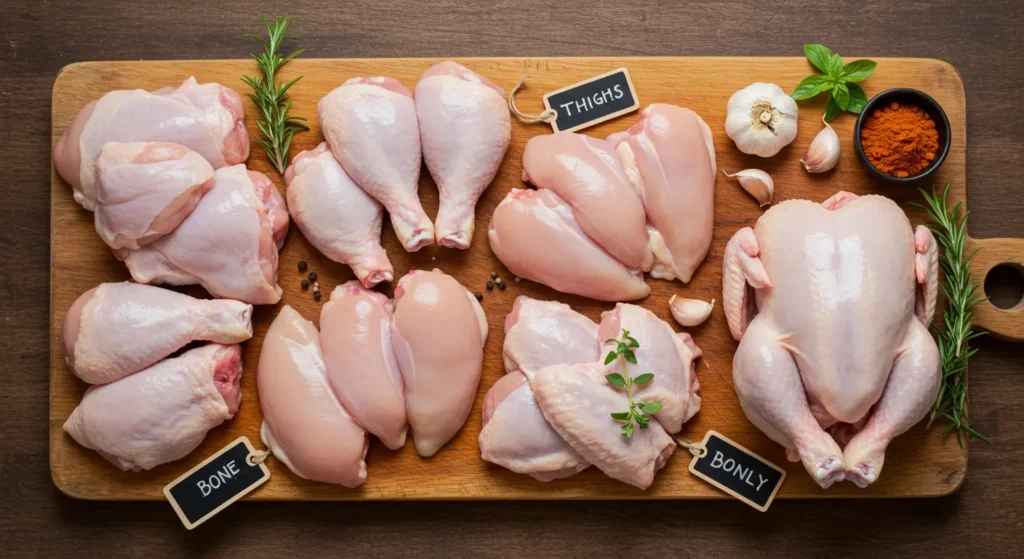 Overhead view of raw chicken cuts including thighs, drumsticks, wings, and breasts on a wooden board with herbs and spices.