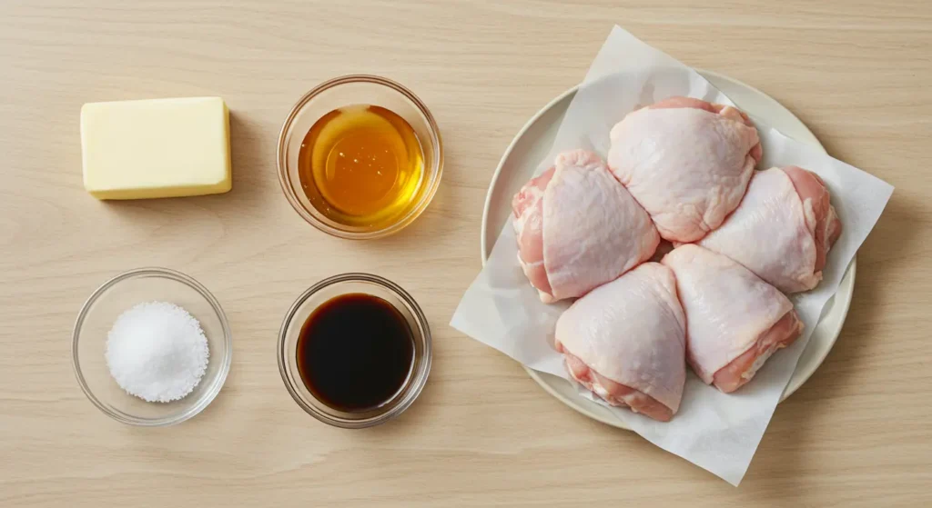 Flat-lay of raw chicken thighs, unsalted butter, soy sauce, and honey on a light surface for a savory-sweet chicken recipe.