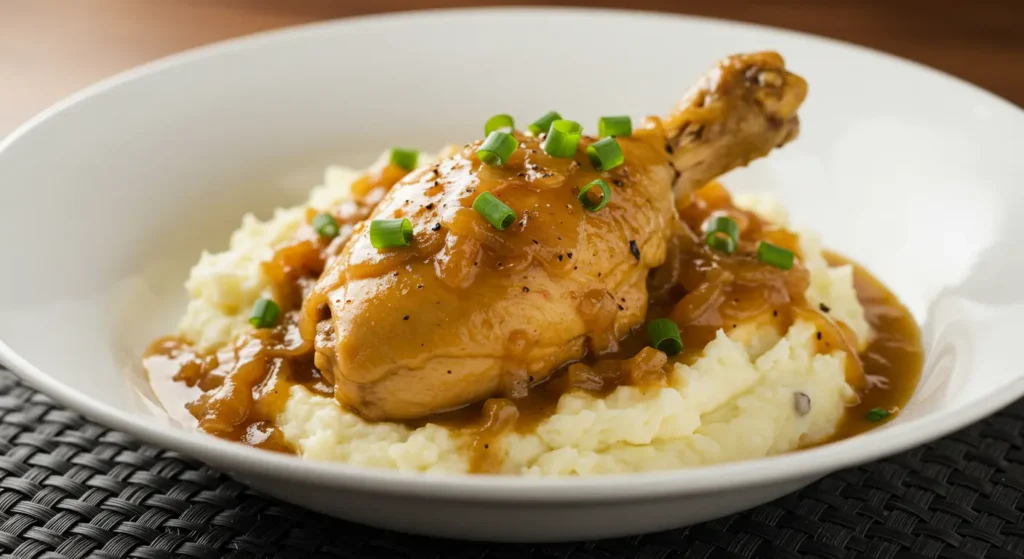 Braised golden chicken thigh served over mashed potatoes in a white bowl, topped with chopped green onions.