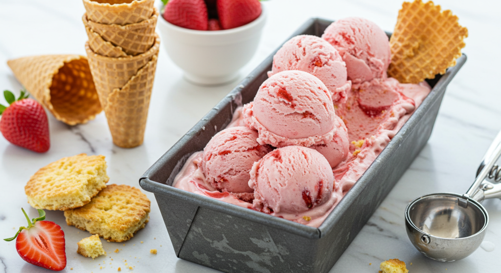 No-churn Strawberry Shortcake Ice Cream with fresh strawberries and waffle cones.