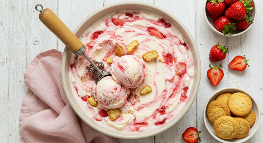 Classic Strawberry Shortcake Ice Cream with vintage scooper in a round dish.
