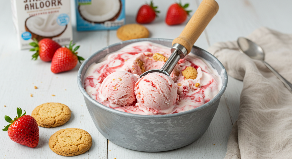 Dairy-free Strawberry Shortcake Ice Cream with fresh strawberries and a wooden scoop.