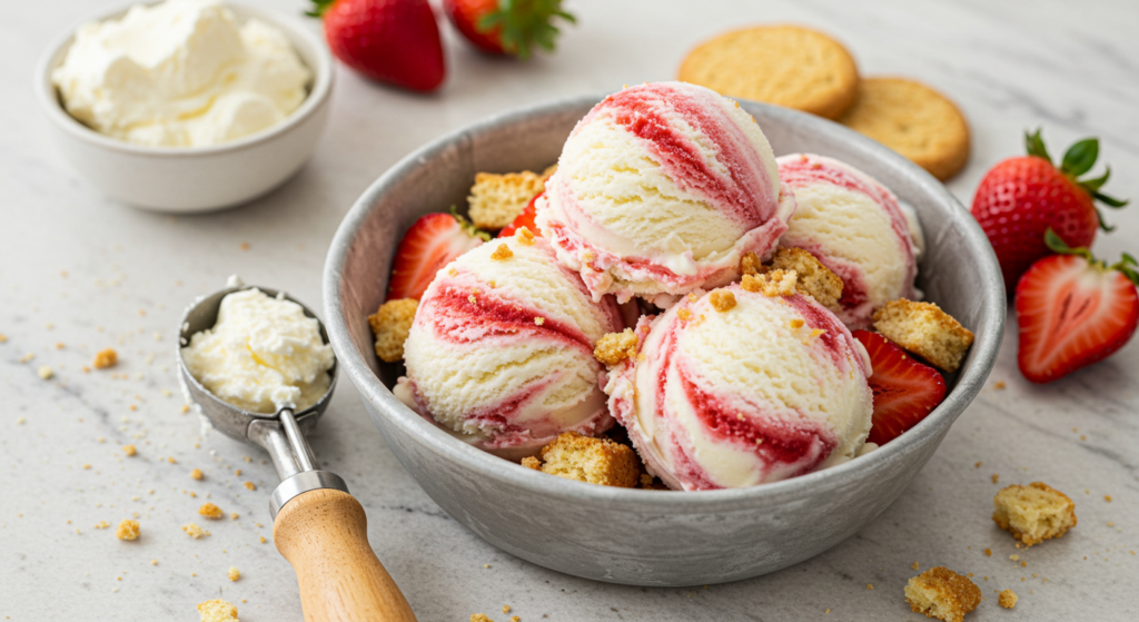 Cream cheese Strawberry Shortcake Ice Cream with tangy swirl and biscuit chunks.