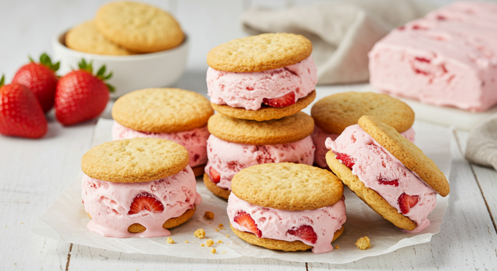 Strawberry Shortcake Ice Cream Sandwiches with cookies and strawberry chunks.