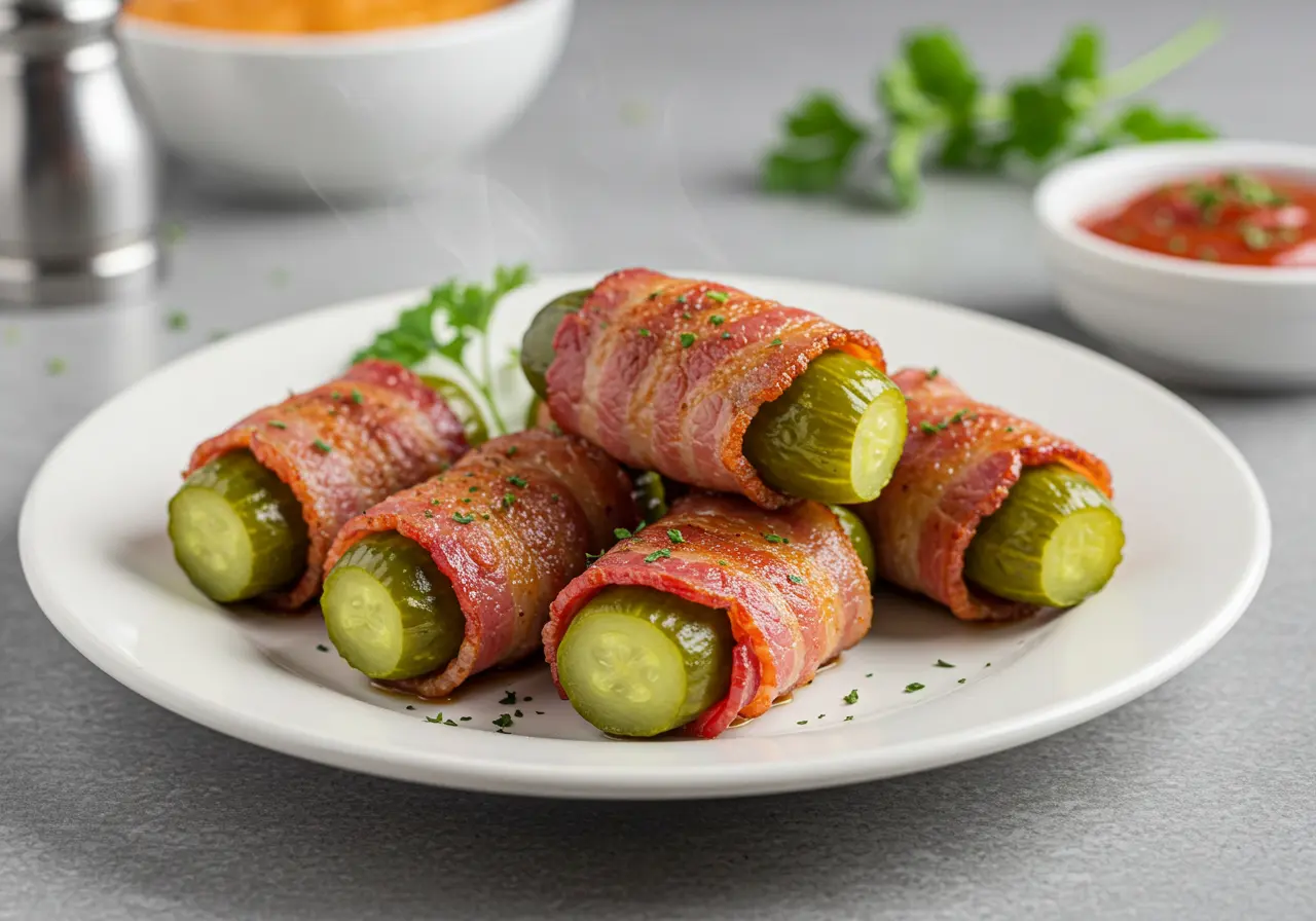 Crispy bacon wrapped pickles served on a white plate with a side of ranch dip.