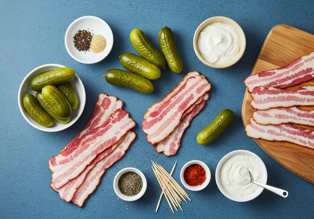 Flat lay of ingredients for bacon wrapped pickles including pickles, bacon strips, toothpicks, and spices.
