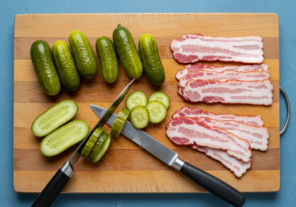 Sliced pickles and uncooked bacon laid out on a cutting board.