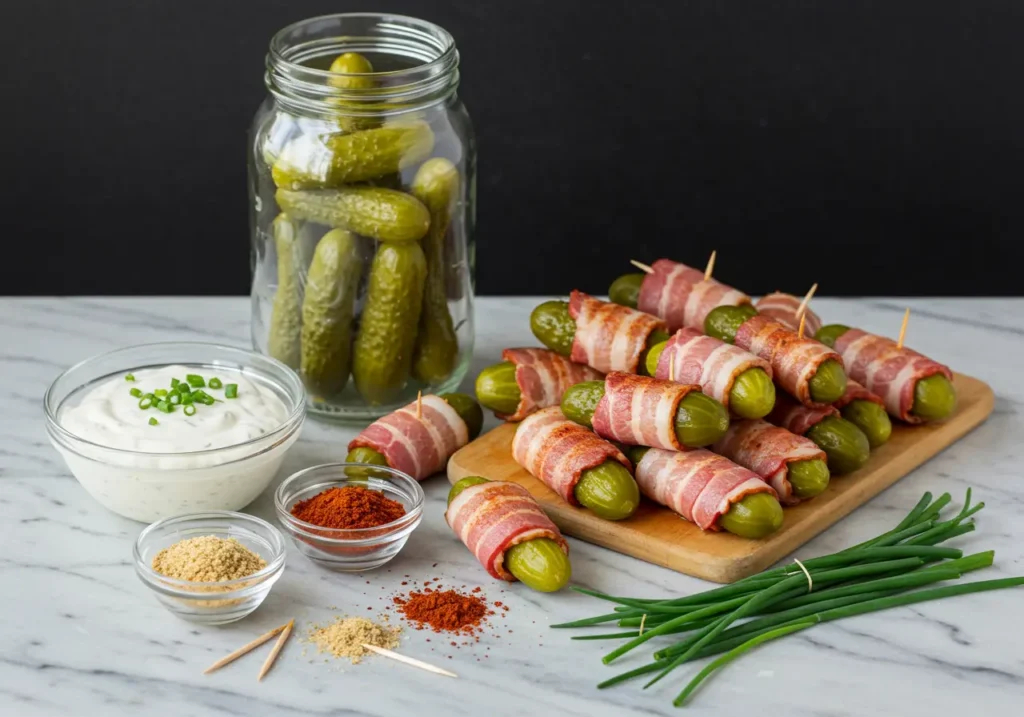 Pickles being wrapped with bacon strips on a cutting board.