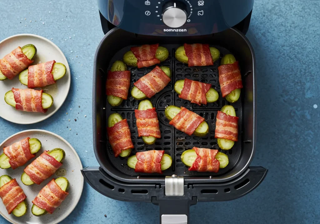 Bacon-wrapped pickles crisping in an air fryer basket.