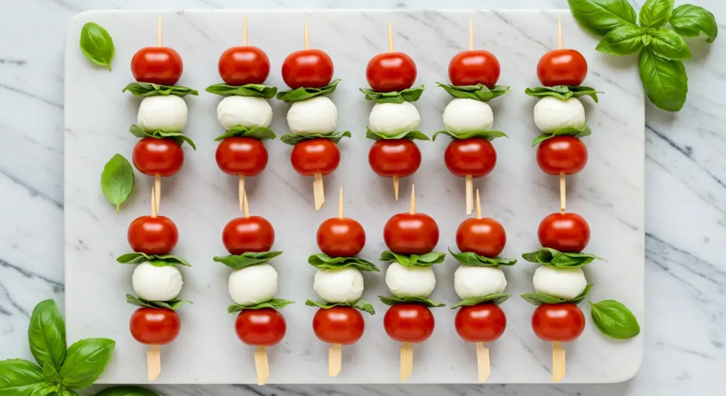 Overhead view of 12 colorful Caprese bites arranged on white marble board with fresh basil leaves scattered around