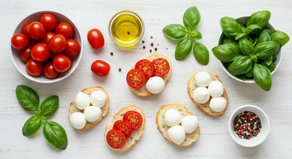 Flat lay of Caprese bite ingredients including cherry tomatoes, mozzarella balls, fresh basil, and toothpicks with measurements