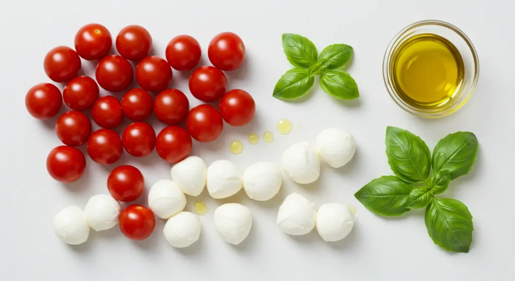 Washed cherry tomatoes, fresh mozzarella balls, and basil leaves arranged on clean kitchen counter for Caprese bite preparation