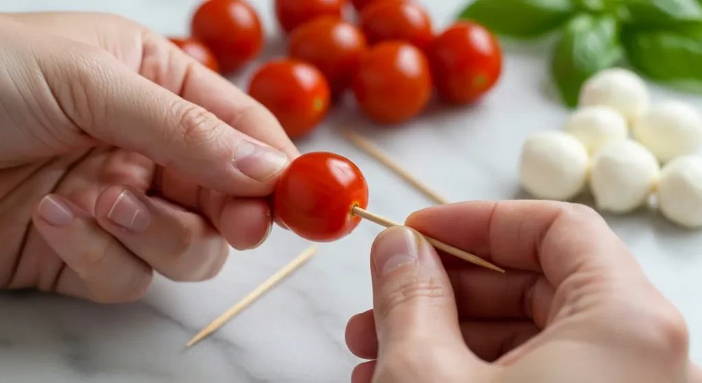 Hands threading cherry tomatoes onto wooden toothpicks for Caprese bite base assembly