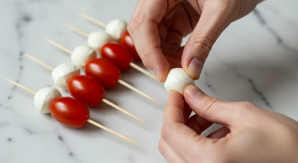 Adding fresh mozzarella balls to toothpicks with cherry tomatoes already threaded for Caprese bites