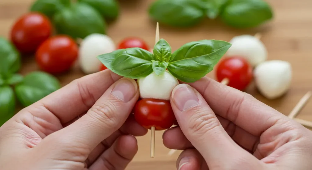 Hands folding fresh basil leaves in half before threading onto Caprese bite toothpicks