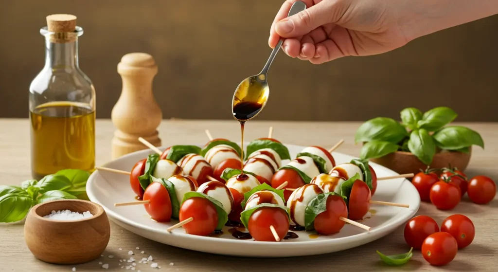 Completed Caprese bites with folded basil leaves on top, showing final assembly step
