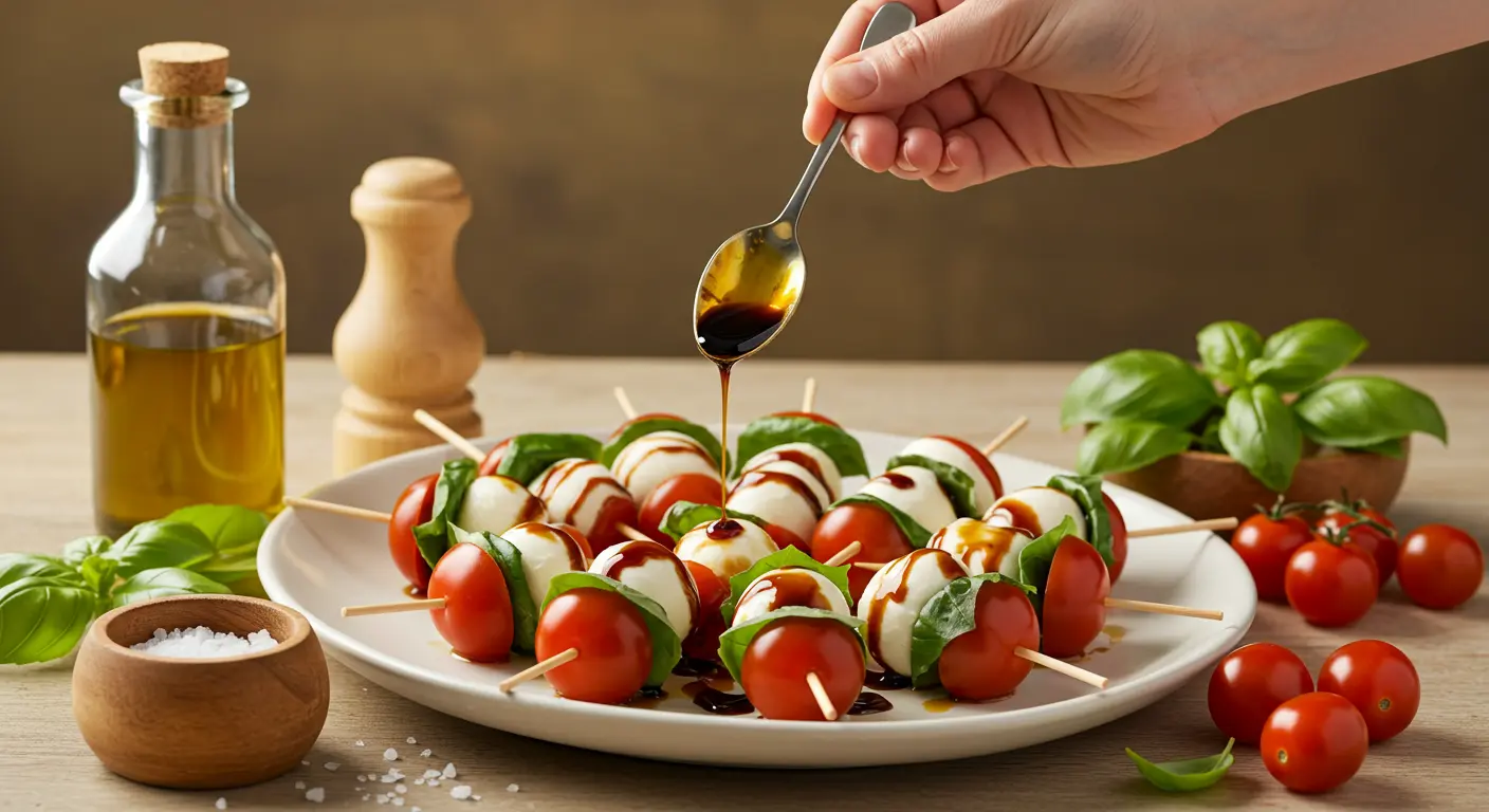 Completed Caprese bites with folded basil leaves on top, showing final assembly step