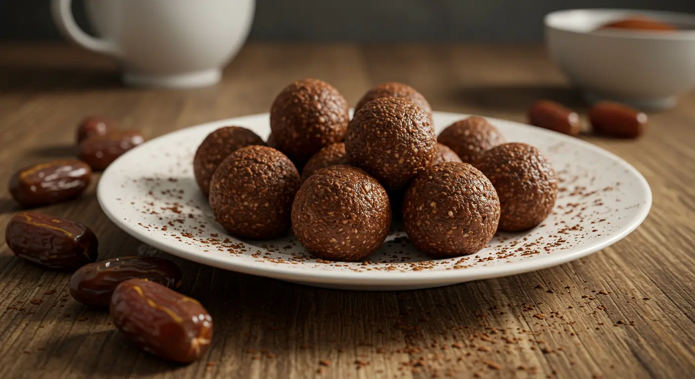 No-Bake Chocolate Energy Balls arranged on white ceramic plate with scattered Medjool dates and cocoa powder on rustic wooden table