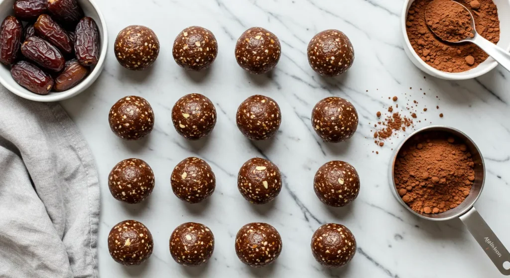 Overhead view of No-Bake Chocolate Energy Balls with measuring cups of dates and cocoa powder on marble countertop