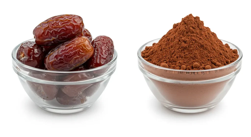 Professional product photography of Medjool dates and cocoa powder, two separate glass bowls on white background, studio lighting setup, commercial food photography style, perfect shadows, high contrast, every detail sharp and clear, advertising quality, hyperrealistic textures showing date wrinkles and cocoa powder grain