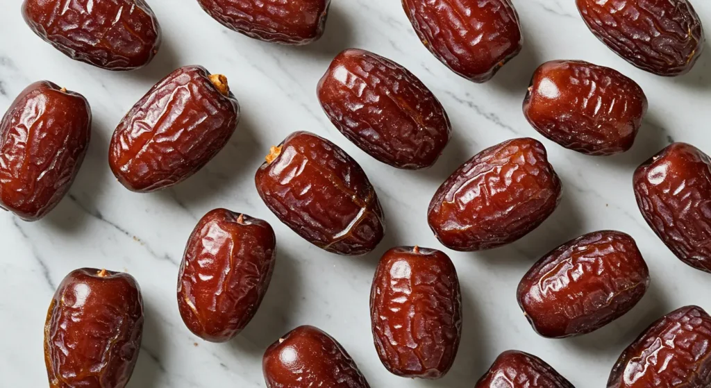 Fresh Medjool dates arranged on marble counter for making No-Bake Chocolate Energy Balls