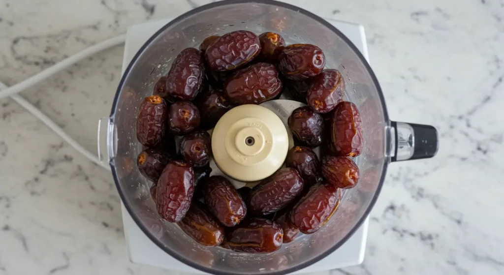 Whole pitted dates in food processor bowl before making No-Bake Chocolate Energy Balls