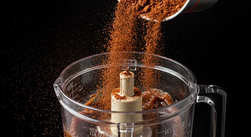 Cocoa powder being poured into date paste for No-Bake Chocolate Energy Balls