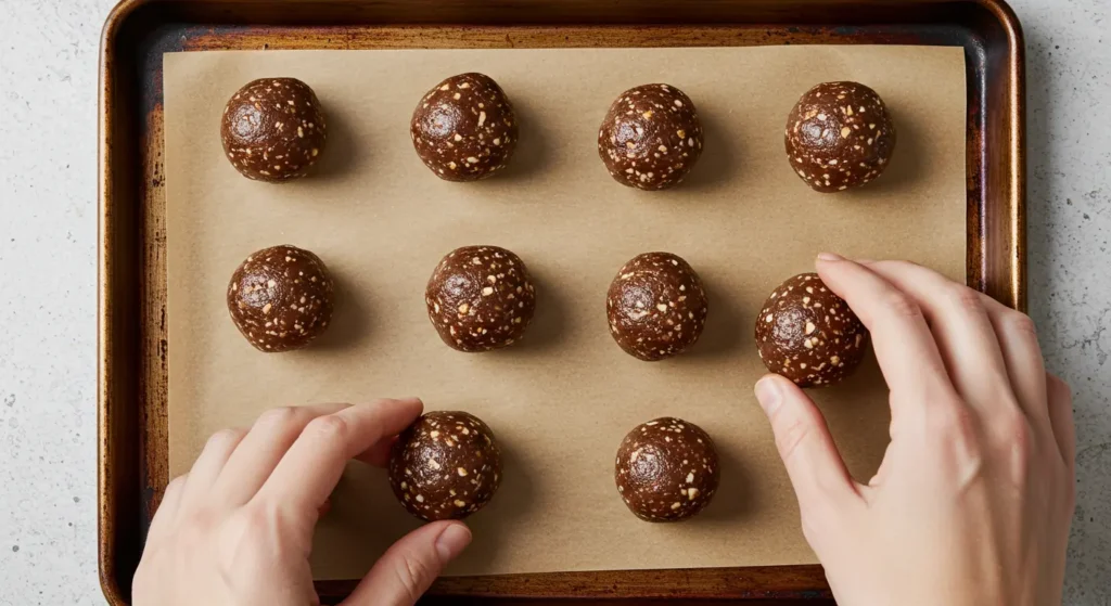 Chocolate mixture in bowl next to parchment-lined tray for shaping No-Bake Chocolate Energy Balls