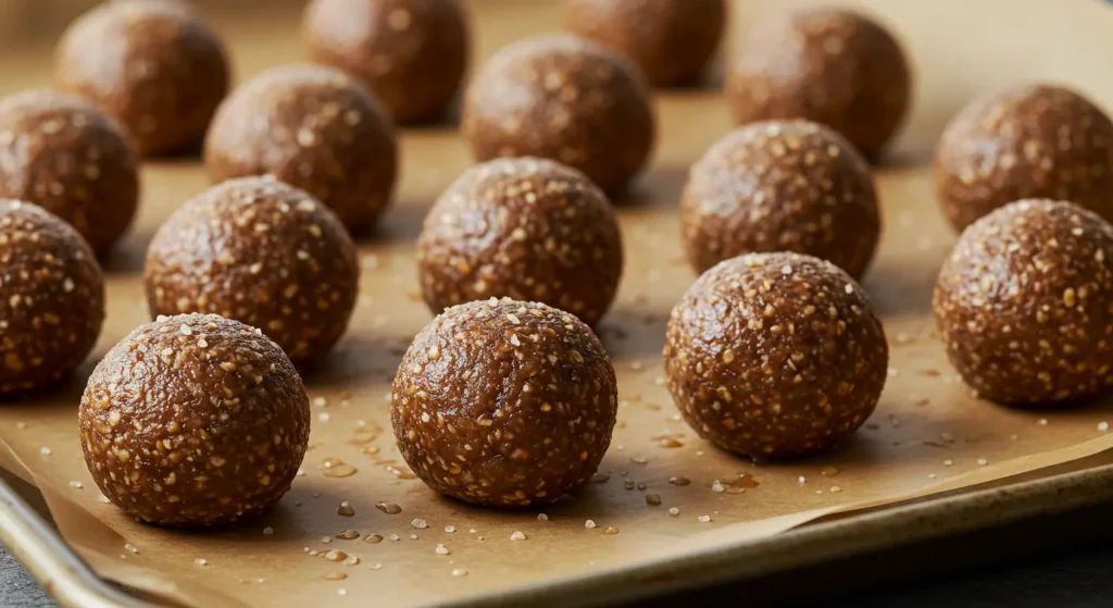 Chilled No-Bake Chocolate Energy Balls on tray showing firmer texture